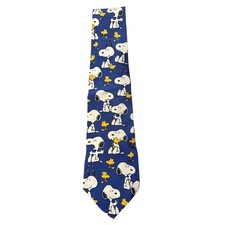 Vintage Peanuts Snoopy  Woodstock 100 Silk Necktie Blue