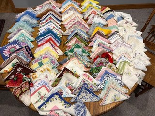 Huge Lot Of 145 Vintage 30s To Y2k Hankies Scarves Silk Cotton Handkerchiefs