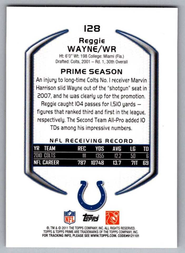 2011 Topps Prime Reggie Wayne Indianapolis Colts #128 - Image 2 of 2