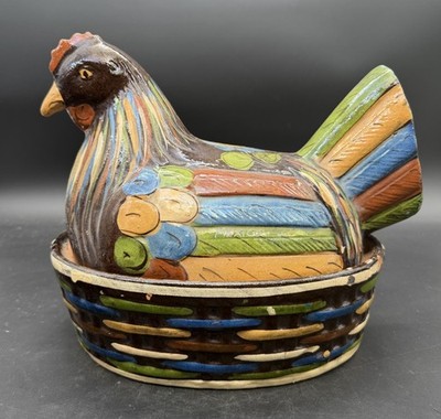 Vtg Mexican Tlaquepaque Chicken Hen on Nest Casserole Dish Pot Pottery Brown