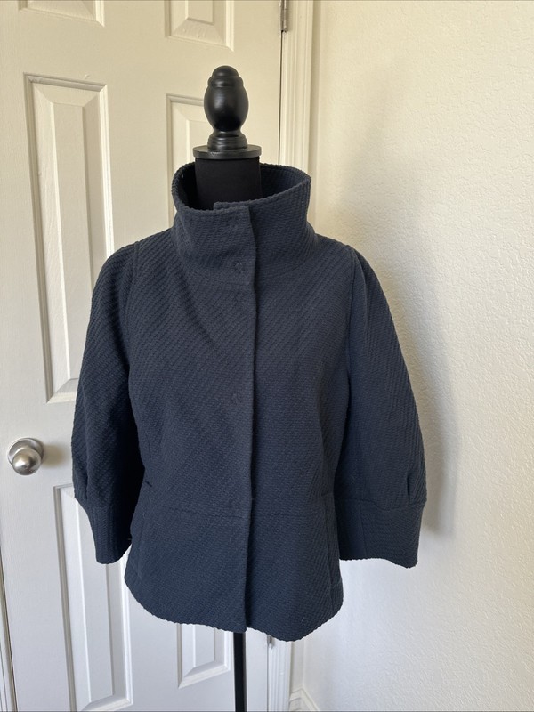 Ann Taylor Coat Women Large Navy Wool Blend High Collar Button Invisible Snap