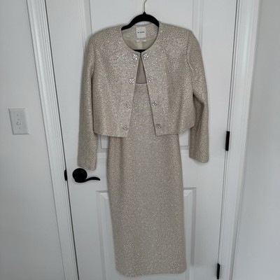 St. John Champagne embellished gold chain dress with matching jacket Size 6/8