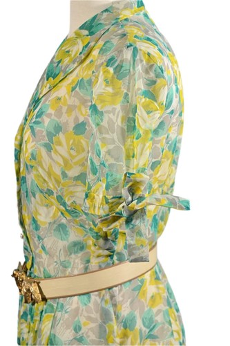Vintage 50s Green/Yellow/Gray Floral Dress, Semi Sheer w/Fitted Waist Dress S - Picture 6 of 11