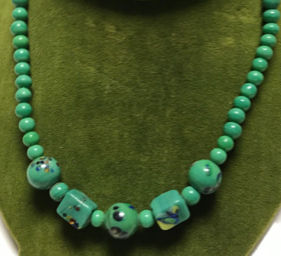 VINTAGE BLUE GAUDY CHUNKY Millefiori GLASS 16'' NECKLACE MRS ROPER!!