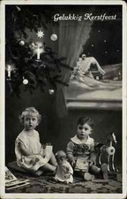 Christmas Children Baby Studio Prop Toys Tinted c1900s-20s Real Photo Postcard