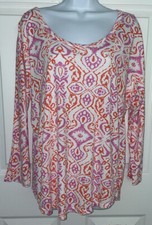Fresh Produce Sz LARGE Orange Pink Batik Cotton Blend L/S Shirt USA Made EUC