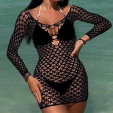 Women Body Stockings Fishnet Short Squre dress Long sleeve Sexy Underwear