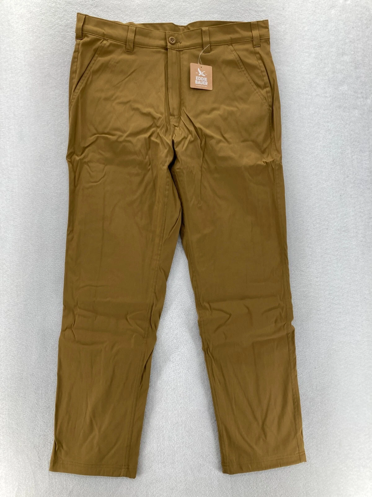 Eddie Bauer Fleece Lined Tech Chino Pants Mens 36x32 Slim Fit Brown Hiking Camp