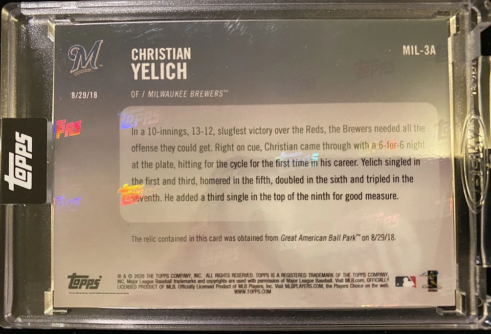 CHRISTIAN YELICH 2020 Topps BASEBALL RELIC /10 SSP From Cycle Game! RARE Brewers - Image 3 of 4