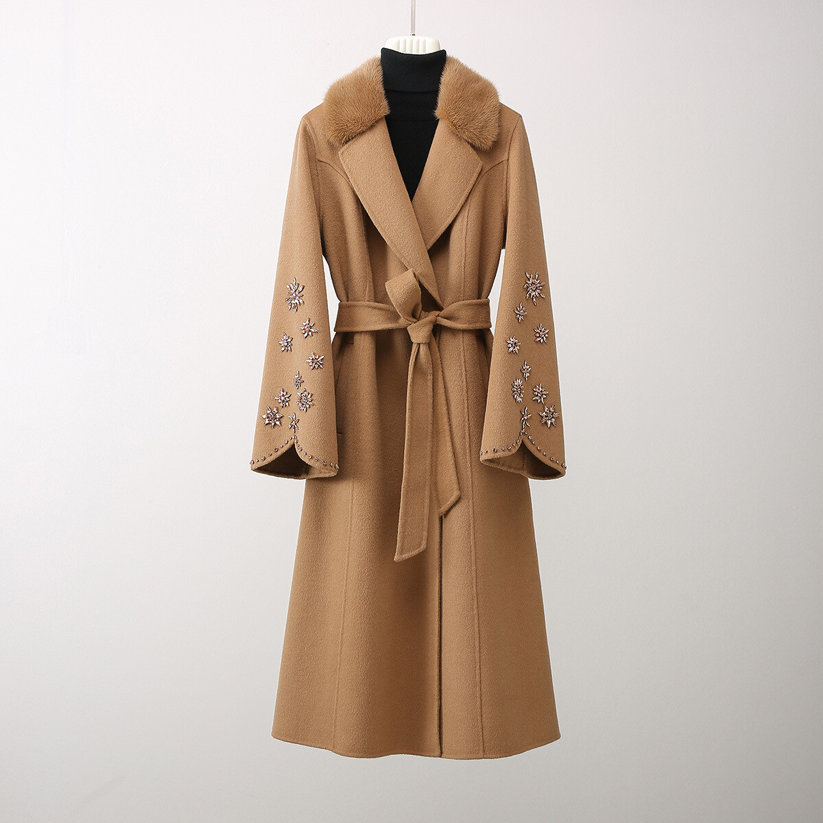 Womens Lapel Mink Fur Collar Real 100% Wool Long Trench Coat Over Knee  Overcoats