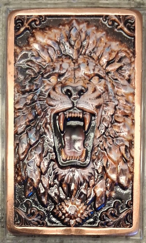 ROARING LION COPPER BULLION BAR -   3D HI-RELIEF UV COLORED 1 Oz BU .999 FINE