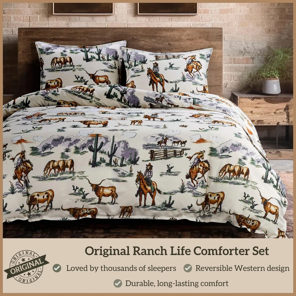 Ranch Life Western Bedding, 3 Piece King Size Cotton Comforter Set, Green Lon... - Image 2 of 4