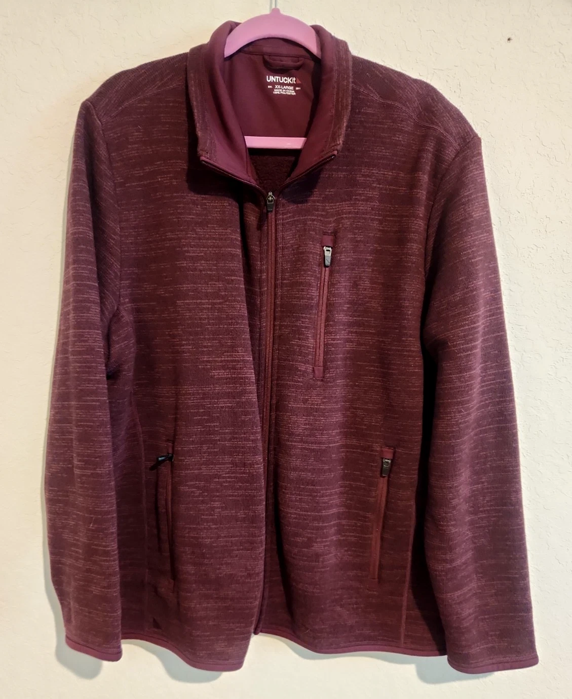 Untuckit Men's Full Zip Jacket XX-Large Maroon Heather Fleece Lined Warm Casual