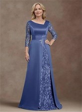 Royal Blue A Line Appliques Mother Of The Bride Dress Scoop Satin Long Sleeves