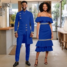 African Wedding Clothes Men's Long Jacket Slim Pants Suit and Women Midi Dress