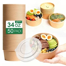 34oz Disposable Round Paper Bowls with Lid 50 Sets, Deli Container Box Spillp...