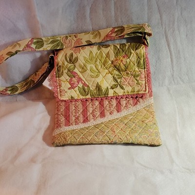April Cornell Quilted Floral Shoulder Bag Lace Trim Pink Green Yellow