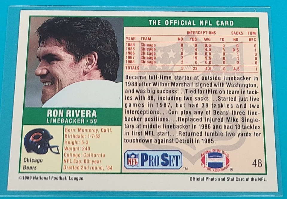 1989 Pro Set    #48 Ron Rivera Chicago Bears Football Card K5 - Image 2 of 2