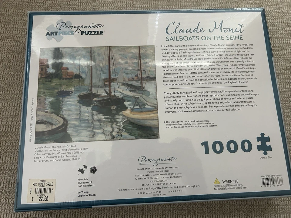 Claude Monet 1000 Piece Puzzle Sailboats On The Seine - Image 2 of 2