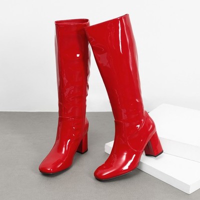 Women Square Toe Low Chunky Block Heel Gogo Boots Zip Up Knee High Boots