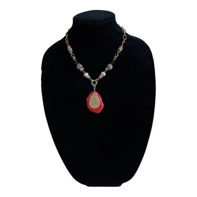 Barse Red Carnelian Crystal Calcite Pendant Bronze Boho Necklace 18.5''-21'' Good+