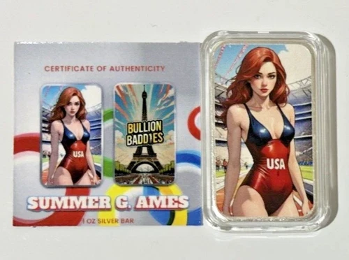 Nice! Bullion Baddies Summer G Ames Colorized 1 Oz .999 Silver Bar USA With COA