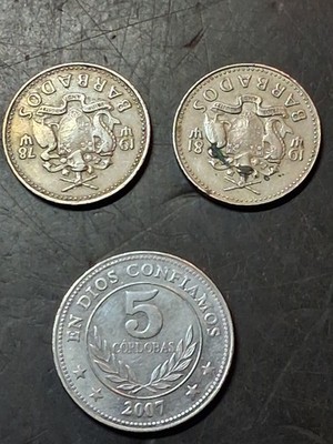 Two Vintage Barbados Twenty Five Cent Coins 1978 And 1981 Plus Nicaraguan Coin