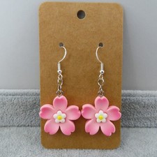 SAKURA CHERRY BLOSSOM Dangle Earrings Silver Tone Novelty Gift 3D Pink Flower