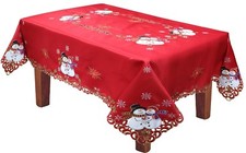 Holiday Christmas Snowman Snowflake Poinsettia Tablecloth With Napkins RED Gold