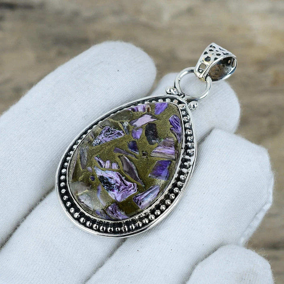 Pendente In Charoite Di Rame In Argento Sterling 925 Per Regali Di Nozze - Immagine 3 di 4