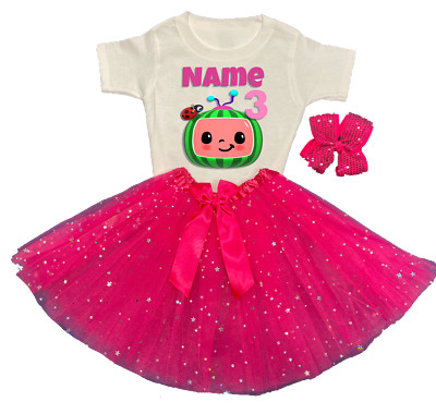 Coco Melon Dress --With NAME-- 3 Third 3rd Birthday party Tutu outfit FUCHSIA 