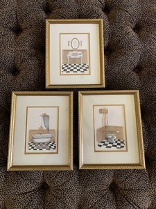3 Victorian Bathroom Wall Art Watercolor Matted Gold Wood Frames 9" X