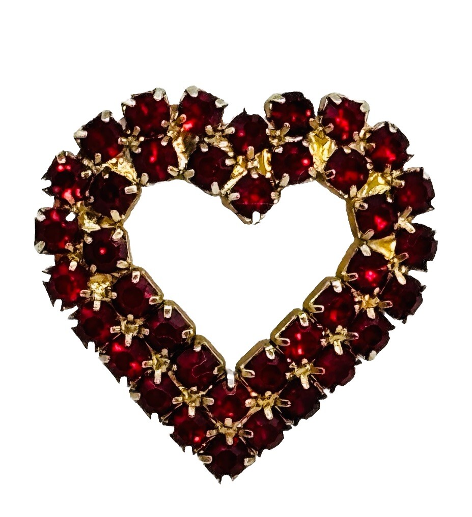 Vintage Deep Ruby Red Double Row Rhinestone Heart… - image 1
