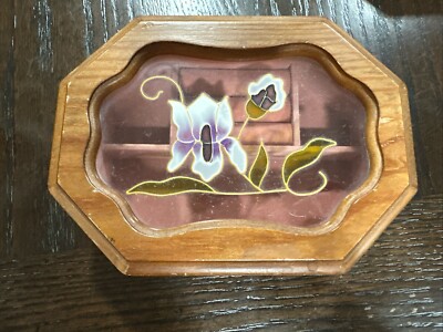 VINTAGE POWELL JEWELRY BOX WOOD GLASS WINDOW TOP HAND PAINTD FLORAL PINK  VELVET
