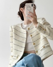 Cream Elegant Boucle Tweed Blazer Jacket By Daisy Clothing - Trendy Vintage