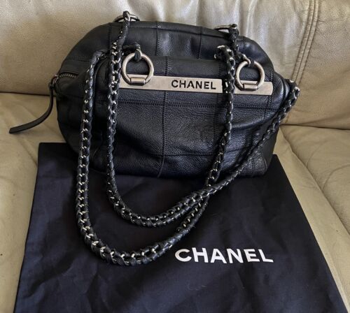 Authentic Vintage Chanel Black Checkered Leather Silver Chain Shoulder Bag Italy - Picture 1 of 17