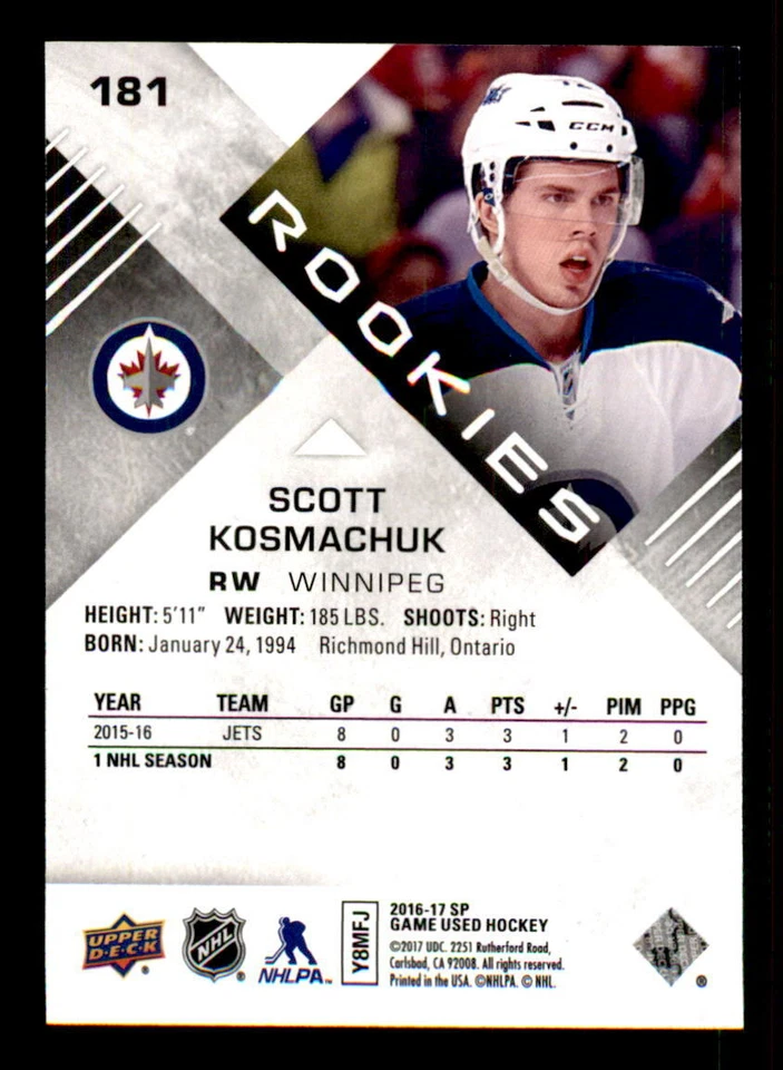 2016-17 SP Game Used #181 Scott Kosmachuk Jets Rookie #/72 (ref 28125) - Image 2 of 2