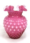 FENTON Vase Hobnail Pink Over White Glass Ruffled Pulled Rim 5-1/4" tall x 4"