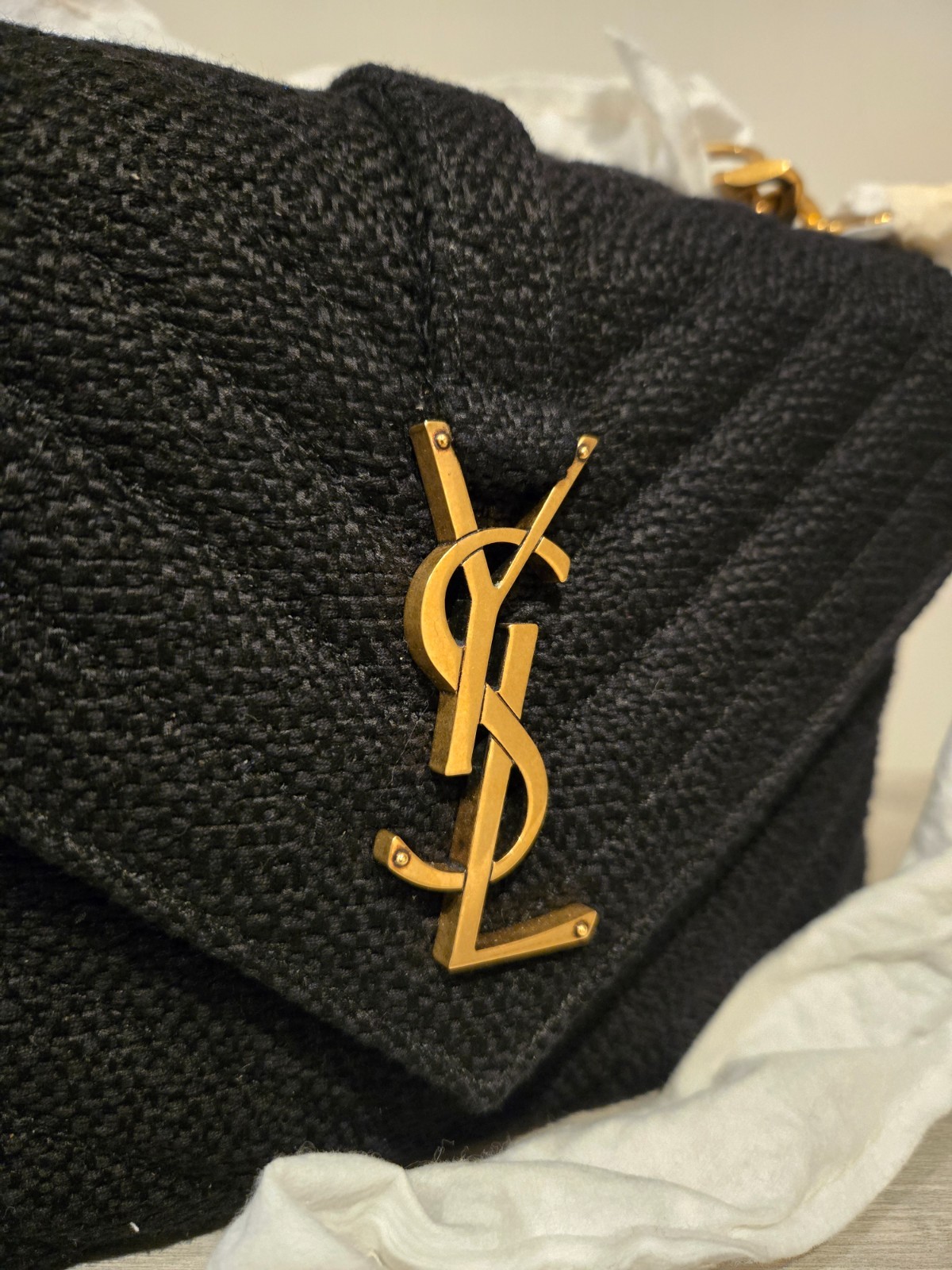 Saint Laurent College Medium Flap Top Handle Bag in Quilted Tweed, Black, Full S image 2