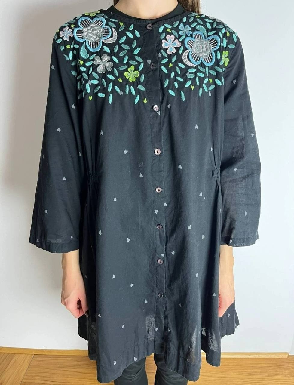 DDP Gudrun Sjoden Tunic Dress Black Floral Hearts Flowers Size L