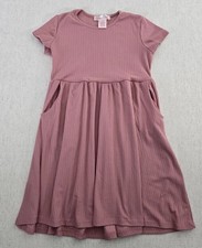 Emma  Elsa Dress Girls 8 Pink Stretch Rib Knit Round Neck Short Sleeve Pockets