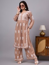 Women's Rayon Chikankari Kurta Palazzo Set Beige, Hand Embroidered, Ethnic