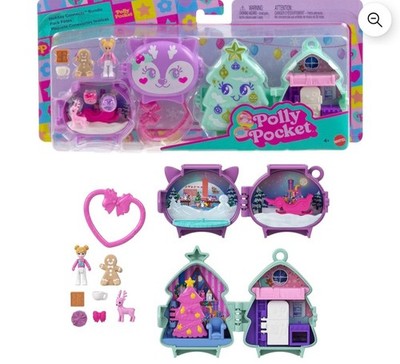 Polly Pocket Compact Christmas Bundle Set Mini Reindeer Gingerbread Tree House