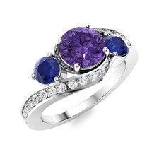5MM Round Amethyst  Blue Sapphire 925 Sterling Silver Three Stone Women Ring