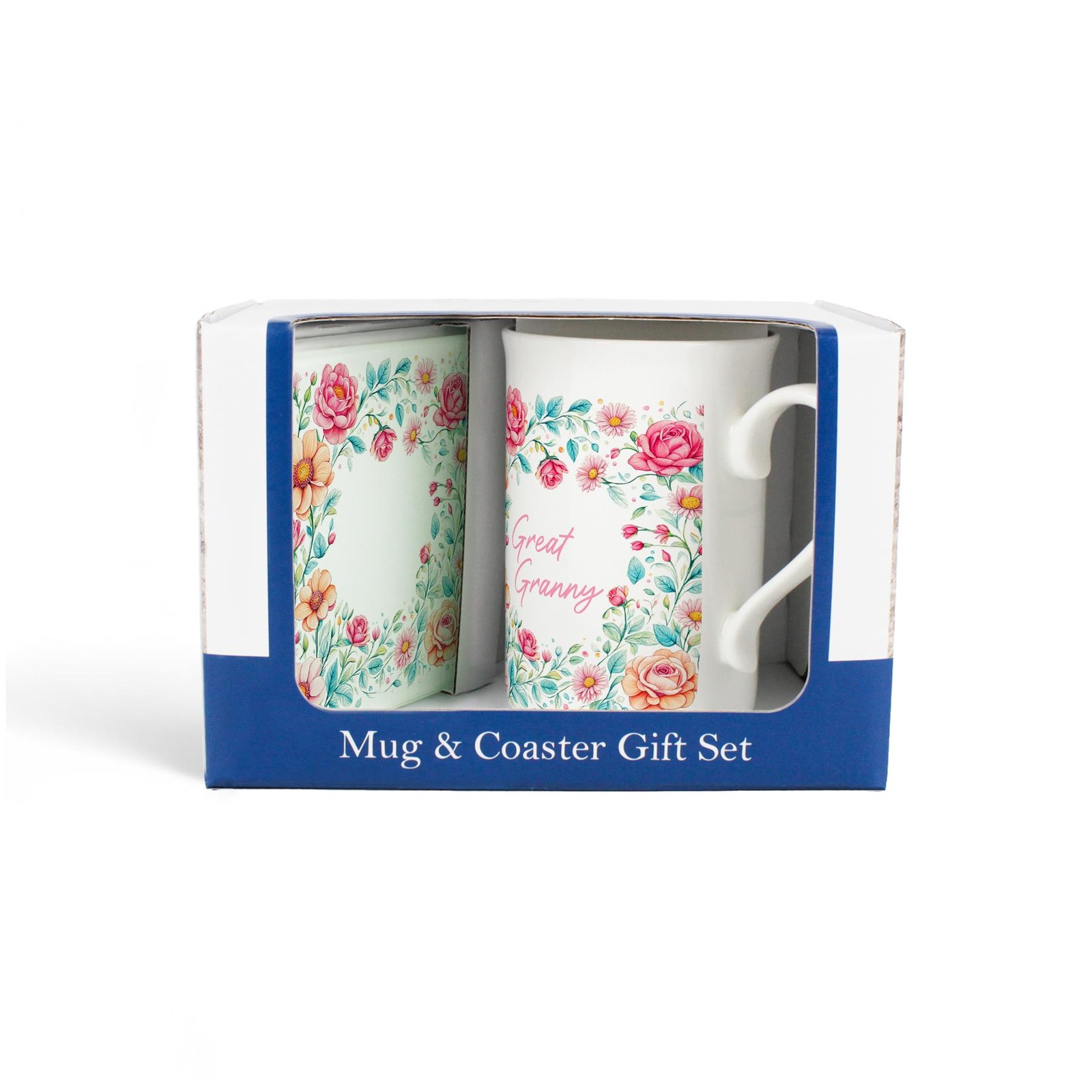 Floral Great Granny Mug & Coaster Gift Set - Pink Flowers Mothers Day Present