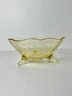 Yellow Depression Glass Footed Bowl Etched Floral Design 8 Wide Scalloped Edge