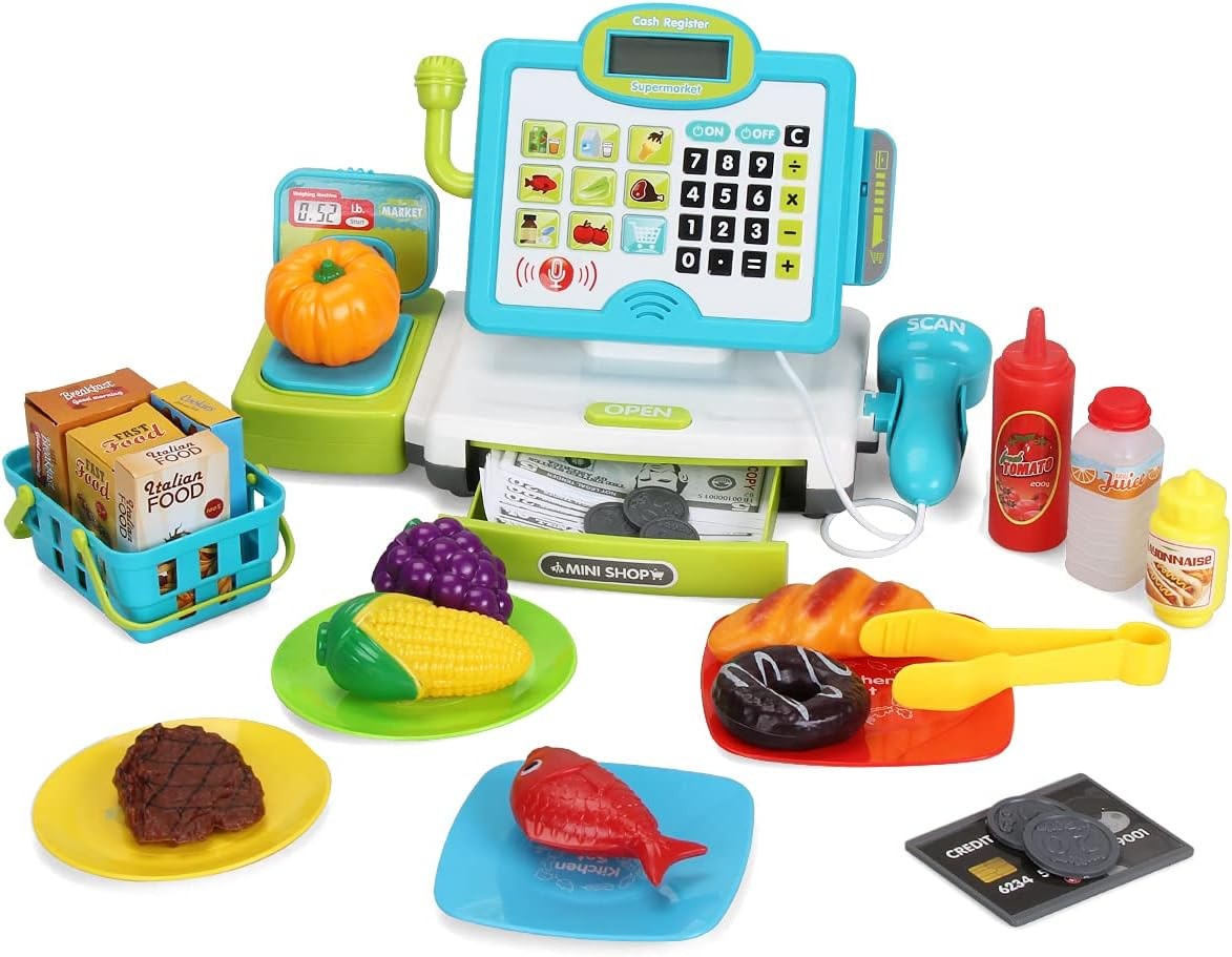 как выглядит FS Pretend Play Cash Register Toys with Scanner, Calculator, Large Drawer, Mi... фото