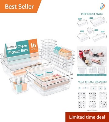 Safe and Stylish: 16-Piece Drawer Organizer Set in Clear Plastic for Every Need