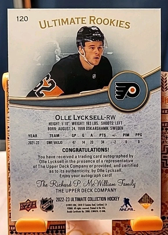 2022-23 Upper Deck Ultimate Collection Ultimate Rookies Olle Lycksell #120 /299 - Image 2 of 2