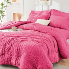 King Size Comforter Set Seersucker 7 Pieces, All King 104"x 90" Hot Pink